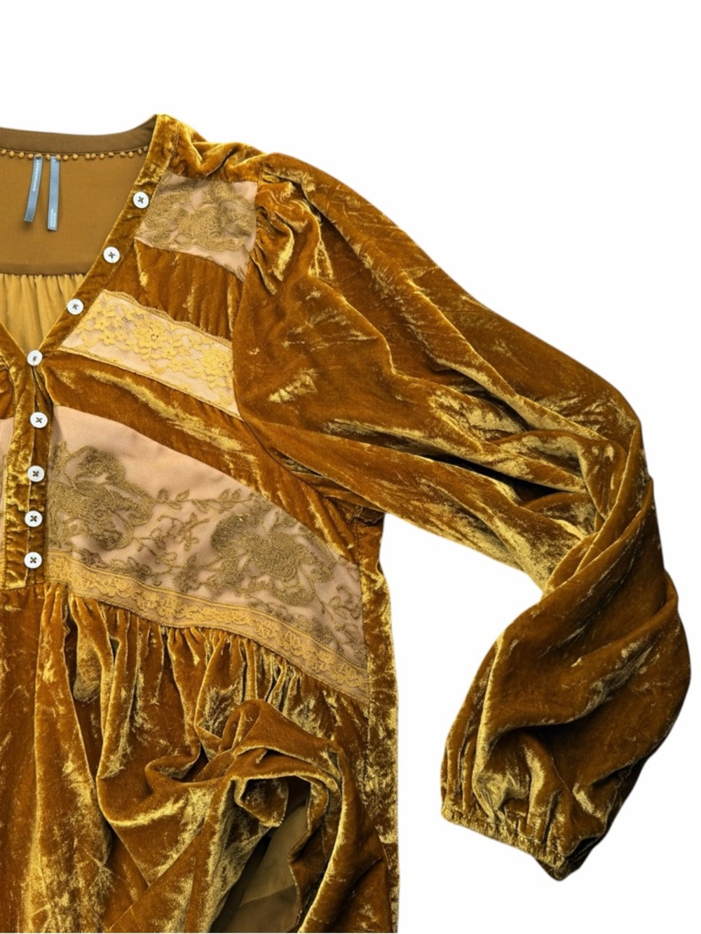 Anthropologie Women’s Long Sleeve Velvet Lace Babydoll Top In Gold Size Large - Picture 4 of 8